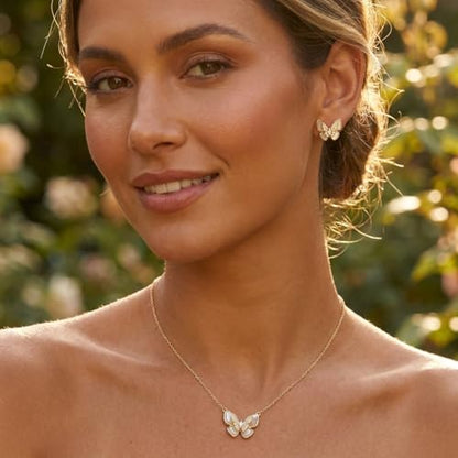 Gold Silver Stud Earrings Pendent Necklace Sets for Women, Dainty Rhinestone Crystal Necklace Earing Jewelry Set Wedding Accessories Fashion Holiday Gift - color: Butterfly earring necklace