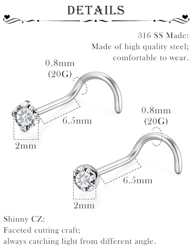 18G 20G 22G Stainless Surgical Steel Titanium Nose Rings Studs for Women L Shaped Nose Studs Screw Nose Rings Nostrial Piercing Jewelry for Women Men Silver Gold Black - style: 20G/2mm CZ/Screw/Silver