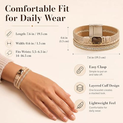 Fesciory Leather Wrap Bracelet for Women, Boho Western Layered Cuff Jewelry | Stackable Bracelets, Easy-On Clasp, Daily Wear, Pairs with Boho Western Outfits, Gift for Women - color: Beige1