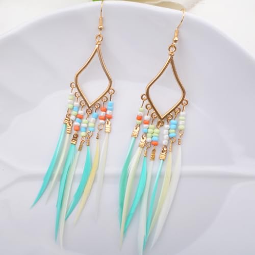 3 Pairs Bohemian Long Feather Tassel Earrings, Handmade Multicolor Seed Beads Fringe Dangle Drop Earrings Retro Statement Jewelry Gifts for Women