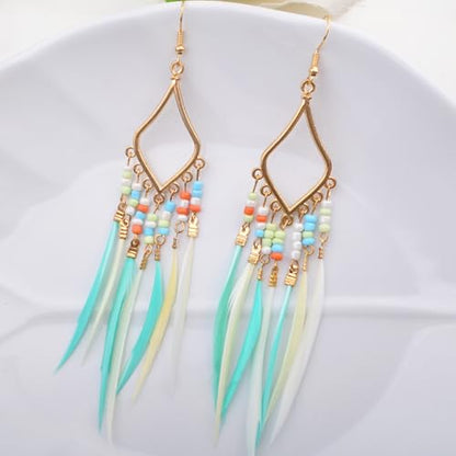 3 Pairs Bohemian Long Feather Tassel Earrings, Handmade Multicolor Seed Beads Fringe Dangle Drop Earrings Retro Statement Jewelry Gifts for Women