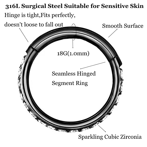 CZ Hinged Segment Nose Rings Hoop 316L Surgical Steel Cubic Zirconia Conch Daith Helix Tragus Body Piercing Jewelry Lip Rings Cartilage Earrings 20G 18G 16G Stainless Steel Septum Clicker Ring - color: Black, size: 18 Gauge 6mm