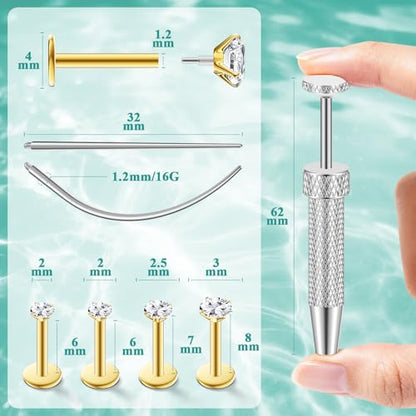 4 Pairs 16G 18G Flat Back Stud Earrings, Hypoallergenic Surgical Steel Set | CZ 2-5mm, internal thread design for nose and tragus piercings use, includes ball grabber tool for easy jewelry changes - color: 16G CZ 2/2/2.5/3mm Gold