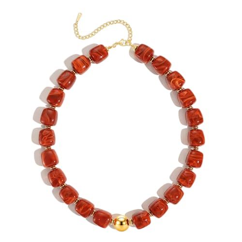 Ritach Chunky Beaded Necklaces for Women - Colorful Large Square Acrylic Beaded Necklace Boho Chunky Necklace Adjustable Statement Choker Necklace for Women Waterproof Summer Beach Jewelry Gifts - color: Red