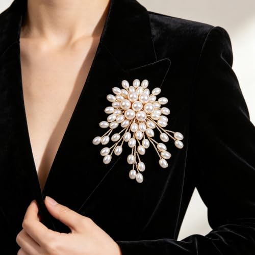 1 Pcs Large Pearl Brooch Pins for Women, Vintage White Pearl Flower Brooch | Statement Pearl Pin for Wedding Party Coat Lapel Bag, 3.46x2.95 Inch