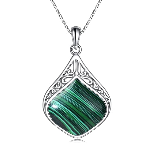 YAFEINI Teardrop Necklace Sterling Silver Filigree Irish Pendant Necklace Natural Stone Moonstone/Lapis Lazuli/Larimar/Moss Agate Necklace Jewelry - color: Malachite teardrop necklace