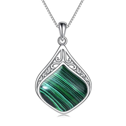 YAFEINI Teardrop Necklace Sterling Silver Filigree Irish Pendant Necklace Natural Stone Moonstone/Lapis Lazuli/Larimar/Moss Agate Necklace Jewelry - color: Malachite teardrop necklace