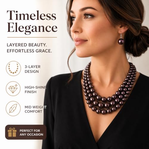 Simulated Pearl Necklace & Earring Set, Multi Strand - color: Dark Brown