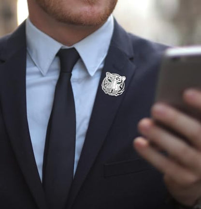 Rhinestone Tiger Head Brooch Pins.Gold Silver Animal Lapel Pin,Charm Lion Coat Collar Brooch for Men Suit Pin - color: Silver