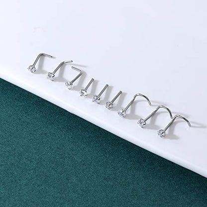 ZS 20G Nose Stud Rings Set, Stainless Steel CZ Nose Piercing Jewelry | Hypoallergenic Nose Bone Rings, L Shaped & Screw Nose Studs, 3mm CZ Stone Nostril Jewelry for Women Men - color: 9pcs Mixed style(White)