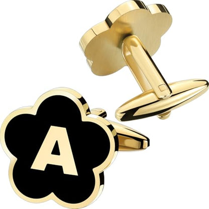 Initial Cufflinks for Mens,Personalized Black Glod Pated Letter Shirts CuffLinks,Stainless Steel Cuff Links, Business Wedding Gift A-Z - style: Letter A