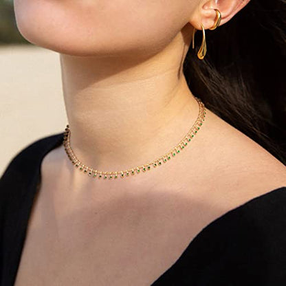 MTMY Beaded Necklaces for Women 14K Gold Plated Dainty Colorful Green/Rose Beaded Pearl Choker Necklace Delicate Boho Choker Necklace Jewelry Gift - style: Green