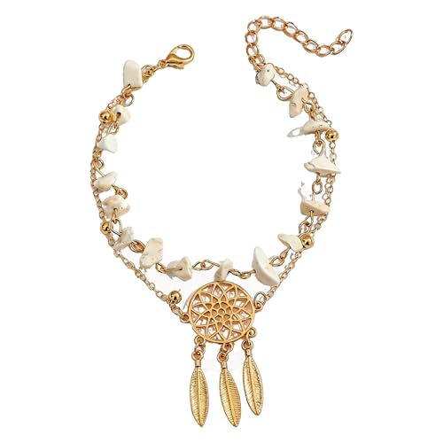 Gold Boho Beach Anklet for Women Natural Stone Dreamcatcher Feather Ankle Bracelet Layered Leaf Tassel Pendant Anklet Summer Vintage Western Shell Bracelet Hawaiian Beach Foot Jewelry - color: white