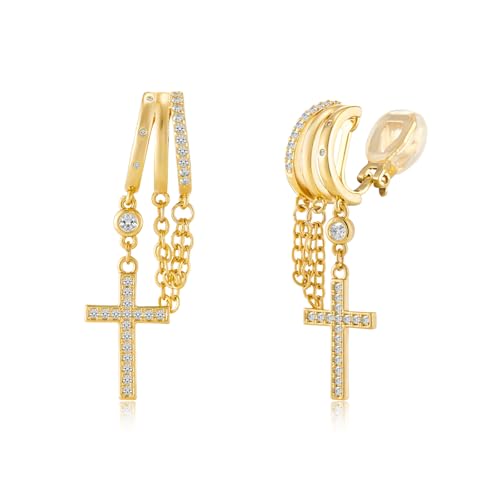 YOQUCOL Gold Plated Y2K Clip On Hoop Earrings for Women,Sweet Cool Edgy Trendy Layered Hoop with Tassel Chain Dangle, Non Pierced Jewelry Gifts - color: Cross
