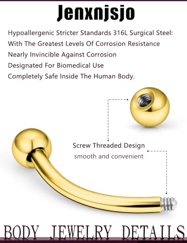 Jenxnjsjo 16g 6/8/10/12mm Silver/Gold/Black Eyebrow/Rook/Snug/Vertical-Labret/VCH/Snake-Eyes/Anti-Tragus/Christina/Daith/Belly-Button/Bridge/Hood/Surface Curved Barbell Piercing Jewelry for Women Men - color: Silver & 14k-Gold Plated