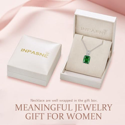 Emerald Cut Birthstone Necklace for Women 925 Sterling Silver | Baguette Birthstone Pendant Necklace, Jewelry for Mom Wife - color: Green