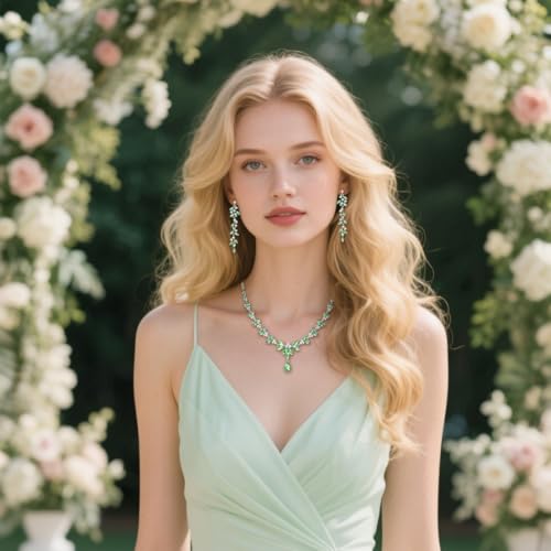 EVER FAITH Marquise Crystal Leaf Bridal Prom Jewelry Set for Women Bride | Rhinestone Wedding Party Necklace Dangle Earrings Tennis Bracelet, for Bridesmaid - color: Light Green Silver-Plated-Base