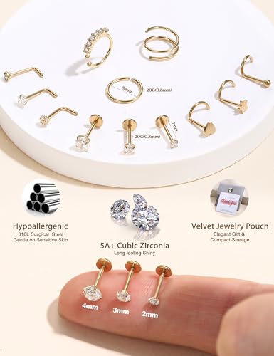 JeryWe Nose Rings for Women - 14K Gold Filled Hypoallergenic Surgical Steel Nose Ring Hoops CZ Lip Ring Screw L Shaped Studs Threadless Flat Back Stud Nose Piercings Jewelry for Women Men - style: 14K Gold Filled-CZ