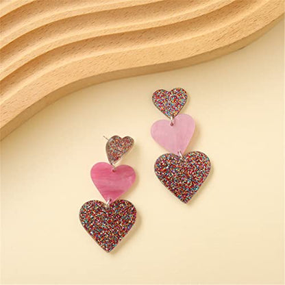 Set Heart Love Couple Colorful Stud Hoop Dangle Earrings 80 90s Retro Earrings Rectangle for Women Jewelry Gifts Geometric Valentine’s Day Neon Bright Fluorescence Costume - color: long pink