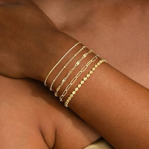 Gold Bracelet for Women, Waterproof Jewelry,5PCS | 14K Gold Plated Bracelets Stacks Non-Tarnish, Lightweight & Comfy, Trendy Adjustable Dainty Links, Women’s Jewelry Gift - color: 5 pcs-Box+Satellite+Lip+Paperclip+Flat bead