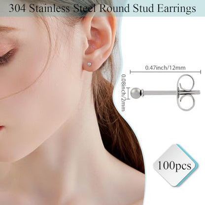 Beebeecraft 100pcs Ball Stud Earrings 304 Stainless Steel Tiny Ball Stud Earrings with Butterfly Ear Backs for Women Men - size: 2mm