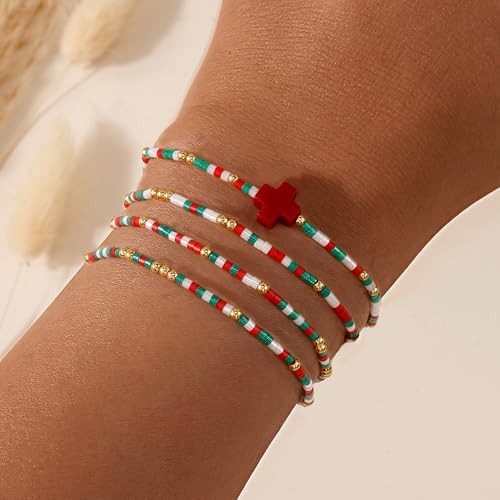 Christian Cross Christmas Stackable Seed Beaded Bracelets for Women, Boho Colorful Healing Stretch Accessories God Christ Pray Faith Amulet Jewelry, Daily Party Holiday Friendship Gift - color: Christmas