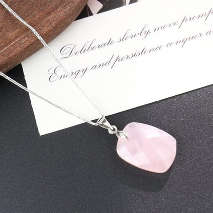 iSTONE 925 Sterling Silver Natural Crytral for Womens Pendant Necklace, Gemstone Birthstone with 17.8" Silver Chain Ladies - color: Rectangle - Rose Quartz