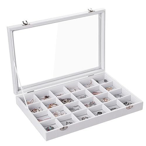 Frebeauty 24 Grid Earring Organizer,Velvet Jewelry Tray with Clear Lid | Drawer Jewelry Organizer for Rings Studs Brooch,Adjustable Divider,Dustproof Design,Earring Storage,Trinket Box,13.8×9.5Inch - color: White, size: 24 Grid