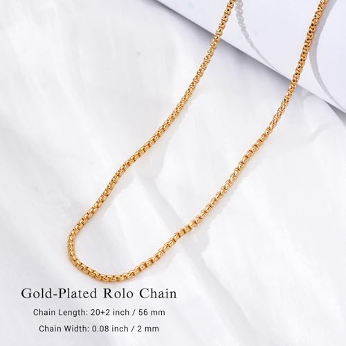 Eusense Stainless Steel Chain Necklace for Men Women Rolo/Wheat/Snake/Box Chain, 2-3MM, 20-24 Inches with Delicate Gift Box - color: 18K Gold-Plated, size: 20+2 Inches Length, style: Rolo Chain-2MM Width