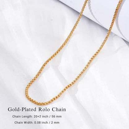 Eusense Stainless Steel Chain Necklace for Men Women Rolo/Wheat/Snake/Box Chain, 2-3MM, 20-24 Inches with Delicate Gift Box - color: 18K Gold-Plated, size: 20+2 Inches Length, style: Rolo Chain-2MM Width