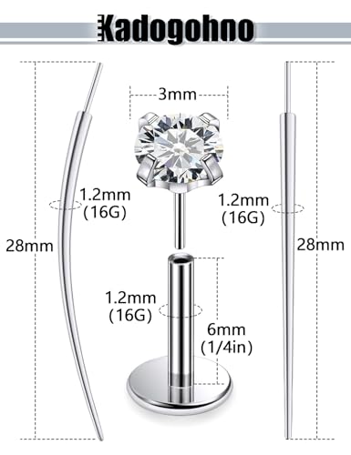 F136 Titanium 20/18/16g Internally Threaded Medusa Monroe Lip Ashley Labret Nose Rings Flat Back Tragus Helix Cartilage Conch Screw Stud Earrings Surgical Steel Piercing Jewelry for Women - color: White CZ, size: 16g*1/4in