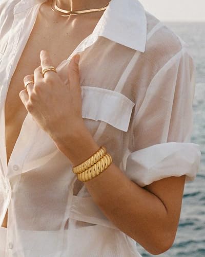 2PCS Chunky Gold Bangle Bracelets for Women Statement Hinged Open Thick Wrist Wrap Bracelet Stackable Bracelet Trendy Jewelry for Party Summer
