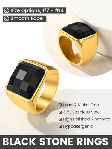 KeyStyle Square Gemstone Signet Rings for Men, Personalized Stainless Steel Pinky Ring with Black Onxy Blue Topaz Birthstone Statement Ring - color: Gold -Black Onyx - 15mm