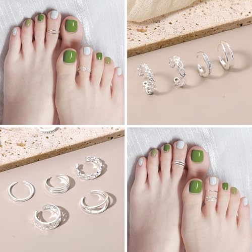 9PCS Toe Rings Non Tarnish, Silver Toe Rings for Women Summer | Simple Open Adjustable Toe Ring Set for Summer Beach Foot Jewelry