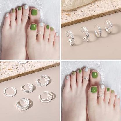 9PCS Toe Rings Non Tarnish, Silver Toe Rings for Women Summer | Simple Open Adjustable Toe Ring Set for Summer Beach Foot Jewelry