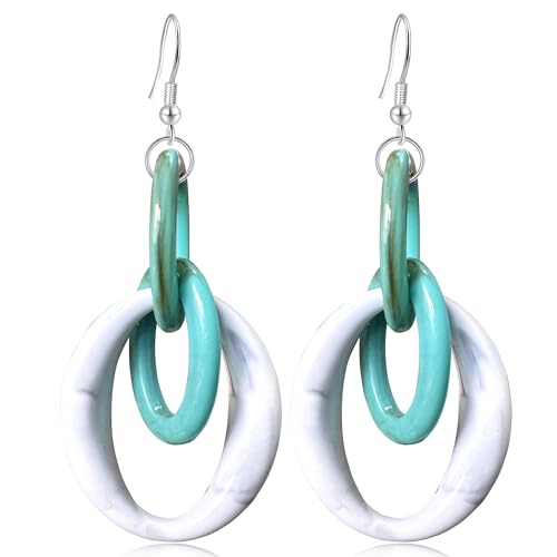 Bohemian Simplicity Acrylic Geometry Oval Circle Dangle Drop Earrings Lightweight Resin Chain Hook Earrings For Women - color: Blue White