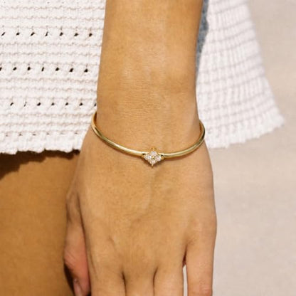 Gold Cuff Bracelets for Women, 14K Gold Plated Dainty Open CZ Cuff Bracelet Adjustable Stackable Open Bangle Bracelet Birthday Jewelry Gift for Her - color: Four Clover CZ-Gold