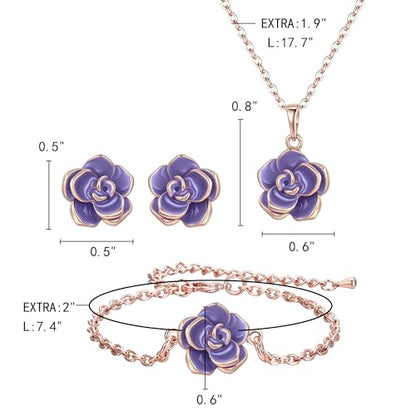 EleQueen Rose Flower Necklace Earrings Bracelet Set for Women - color: Light Purple-Rose Gold