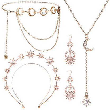 Glenmal 4 Pieces Celestial Jewelry Moon Stars Crown Necklaces and Body Chain Headband Drop Earrings for Women - color: Rose Gold