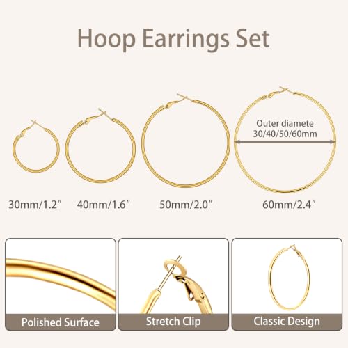 4/6 Pairs 14K Gold Plated Silver Hoop Earrings Set for Women Hypoallergenic | 30 40 50 60 mm, Lightweight Thin Hoops, 316L Surgical Stainless Steel for Sensitive Ears, Everyday Wear to Evening Outfits - color: 4 Pairs(30/40/50/60mm)-Gold