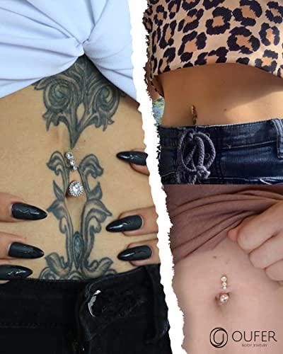 OUFER 316L Surgical Steel Belly Button Rings, Clear CZ Navel Rings, Belly Piercing Jewelry - color: Gold Bar, Clear CZ