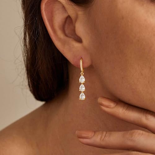 Dangle Earrings for Women Trendy, 14K Gold Plated CZ Huggie Drop Earrings, Dainty Long Chain Prom Wedding Jewelry Gift for Her - style: Bar CZ