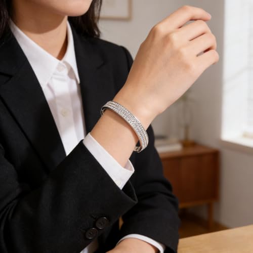 Triple-Row Rhinestone Hinged Bangle Bracelets fow Women；Sliver Plated Stainless Steel
