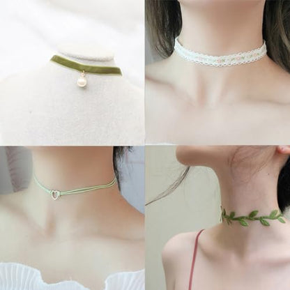 Nova&Aria Chokers Set For Women Heart Choker Necklaces Flower Pendant Velvet Cute Pink Turquoise Blue White Black Choker Necklace Christmas Colorful Lace Chokers - color: Green-A