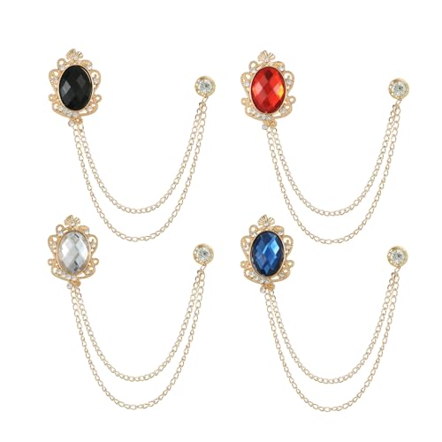 4PCS Rhinestone Vintage Brooch Lapel Pin Chain Suit Tassel Collar Hanging Chains for Shirts Badge Tuxedo Accessories Scarf Tie Pins for Women Men Birthday Gift - color: Gold color