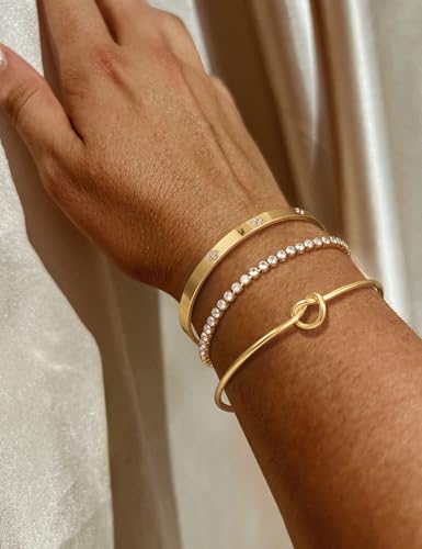 14K Gold Plated Stackable Bangle Bracelets for Women | Dainty Cuff Bracelets, Stackable for Women, Waterproof Bracelet Stack, Gold Jewelry Gifts Trendy Adjustable Accessories - color: 3-layer-F-Gold