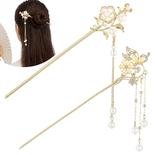 2Pcs Lily of the Valley Chinese Hair Sticks for Buns, Pearl Flower Metal Hair Chopsticks, Chinese Hanfu Asian Vintage Hair Chopsticks for Women and Girls, Dangle Tassel Pendant Hair Accessories