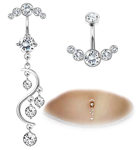 Crystal Belly Button Ring for Women Unique 14G 316L Stainless Steel Dangle Belly Rings Belly Piercing Jewelry Navel Barbell Bling Crystals Body Jewelry - style: long dangle