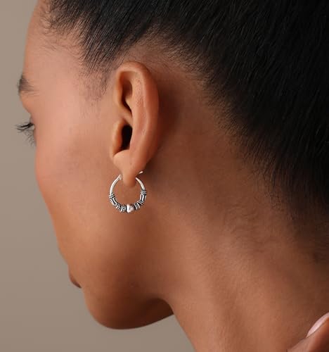 LeCalla 925 Sterling Silver Oxidized Balinese Hoops Earring Jewelry Small Antique Bali Beaded Hoop Earrings for Women - color: Bali Spiral Bead