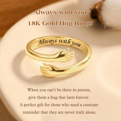 Sterling Silver Hug Ring for Women Teen Girls Adjustable Love Promise Ring Inspirational Open Rings Mothers Day Birthday Gift for Daughter Granddaughter Mom Wife Best Friend - color: 18K Gold / Gift Box (Always with you)